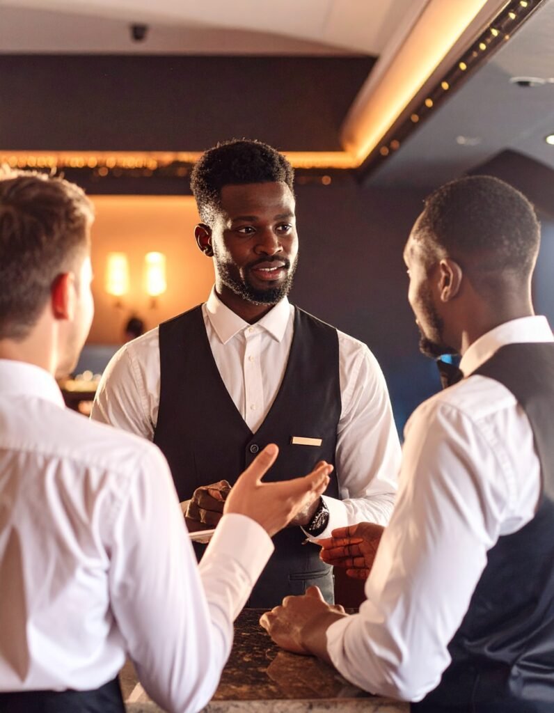 firefly prompt crea la imagen del capitán de meseros dando consejos a los meseros. 533311